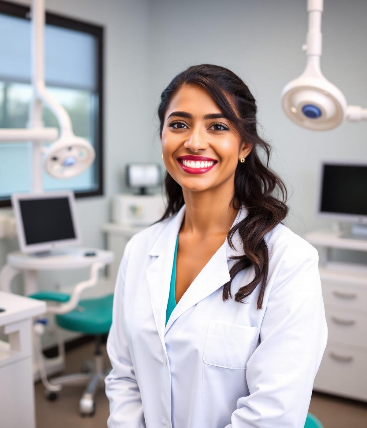 Dr. Aaliya, dentist, smiling in her modern clinic